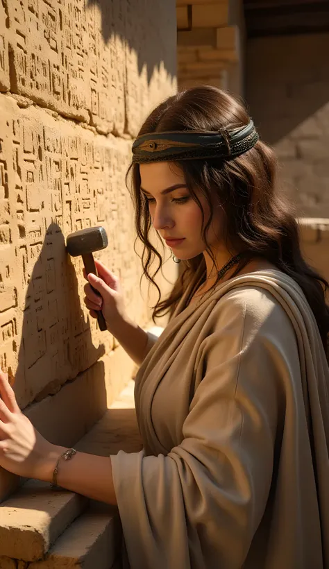 In the warm glow of an ancient Sumerian temple, a woman clad in a flowing tunic cloak meticulously carves intricate cuneiform symbols into the stone wall. Her focused movements, guided by a precise hammer and nail, reveal the artistry of a wise sage dedica...