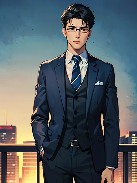 (best quality,4k,8k,highres,masterpiece:1.2), ultra-detailed,high resolution, anime, young male bank clerk, wearing a suit, black hair, short hair, wearing glasses, looking at here, intense gaze, close-up shot, urban cityscape in the background.
