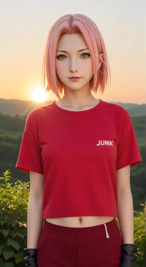 1girl, solo,haruno sakura,emerald eyes,pink hair,short hair,outdoors,potrait,small breast,nature, standing on junk yard,sidelocks,(sunset lighting:1.5),red sunset,looking at viewer, front view,close up,black glove,(junk yard background background:1.5),(lin...