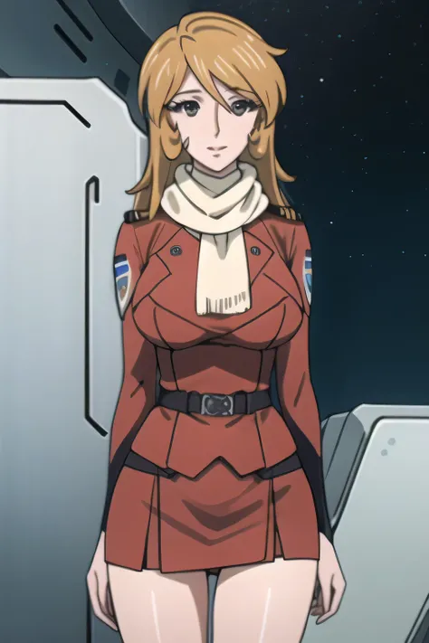 Can you delicately draw a woman in a military uniform with a huge red chest looking at the starry sky，long blonde，!，.，   smile   ，Alone，（Draw a red office lady costume）red suit，red mini skirt，，   Her arms and legs are accurately drawn.    、Red flight atten...