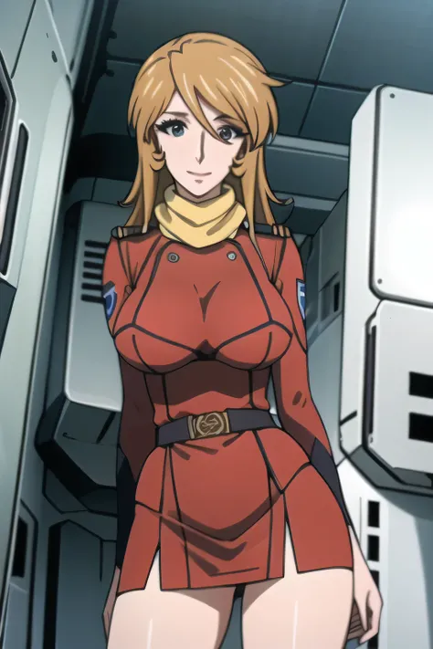 delicately depict a woman in military uniform with huge red breasts，long blonde，Smile Yan，!，.，   smile   ，Alone，（Draw a red office lady costume）red suit，red mini skirt，，   with her arms and legs accurately depicted.    、Red flight attendant uniform，Please ...