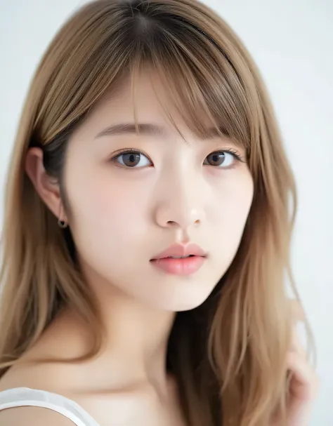 Raw photo, reality, ((staring)), ((focus on face)), ((close-up)), front view, Japanese woman, smiling yang, ((blonde medium-long hair, wavy hair,)), off-the-shoulder, unedited, live-action, authentic, cute young girl, beautifully reflective eyes, beautiful...