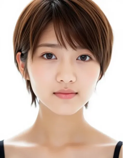 Raw photo, reality, ((staring)), ((focus on face)), ((close-up)), front view, Japanese woman, smiling in the sun, ((brown hair color, short hair, hairstyle)), tank top, beautiful collarbone, unedited, live action, authentic, cute young girl, beautifully re...