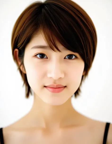 Raw photo, reality, ((staring)), ((focus on face)), ((close-up)), front view, Japanese woman, smiling in the sun, ((brown hair color, short hair, hairstyle)), tank top, beautiful collarbone, unedited, live action, authentic, cute young girl, beautifully re...