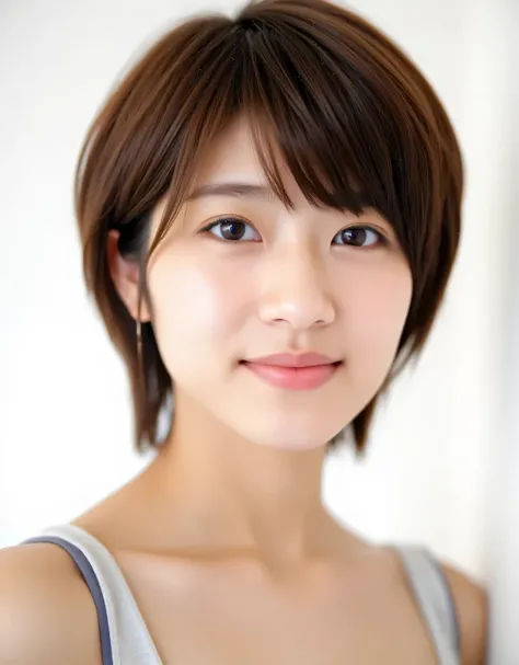 Raw photo, reality, ((staring)), ((focus on face)), ((close-up)), front view, Japanese woman, smiling in the sun, ((brown hair color, short hair, hairstyle)), tank top, beautiful collarbone, unedited, live action, authentic, cute young girl, beautifully re...