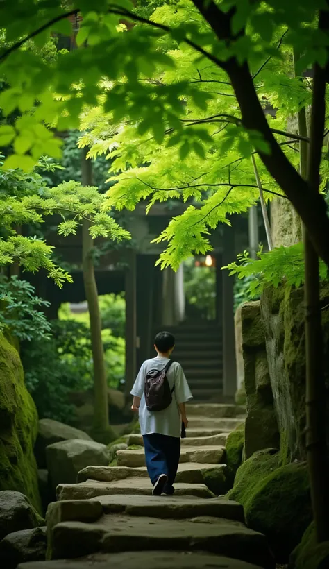 photorealisme,jps211,, un type de photographie qui capture des scènes de la vie réelle. C'est un portrait d'une femme marchant sur un chemin de pierre entouré d'une verdure luxuriante. Elle est vêtue de vêtements traditionnels, tenant un petit sac, et semb...