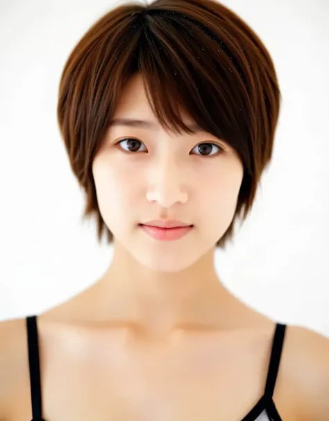 Raw photo, reality, ((staring)), ((focus on face)), ((close-up)), front view, Japanese woman, smiling in the sun, ((brown hair color, short hair, hairstyle)), tank top, beautiful collarbone, unedited, live action, authentic, cute young girl, beautifully re...