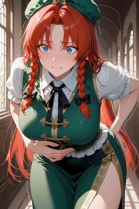 hong_meiling,blue eyes, beret, green vest, short sleeves, red hair, star hat ornament, twin braids, long skirt, side slit,, upper body close up,
Solo, general, masterpiece, highres, ultra-detailed, hyper-detailed, best quality, amazing quality, very aes...