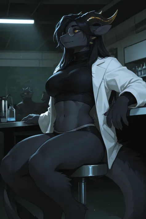 Anthro black dragon, female, black fur, long black long haircut, black eyebrows, golden eyes, dark horns, fluffy tail, nerdy girl, inviting look, wearing a tight turtleneck t-shirt and soft black underwear, glasses, toned stomach, source_ furry, furry fema...
