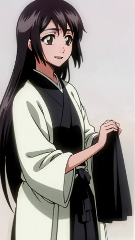 masterpiece, Highest quality , one girl from the side , romantic love , black hair, single , Straight long hair, Vancouver, brown eyes, kimono, white sleeveless coat ,Captain's coat without white sleeves, black kimono , smile, alone, I'm looking for , simp...