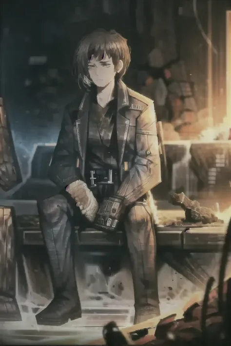 Wearing a trench coat, male, short height, and slim body, black hair, Asian, and side ponytail hairstyle. Sitting on a black couch eating a sandwhich