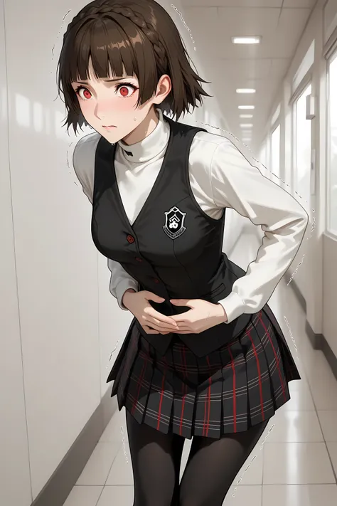 makoto niijima, blunt bangs, braid, brown hair, crown braid, red eyes, short hair, medium breasts,
black pantyhose, black skirt, black vest, bow, checkered clothes, checkered skirt, long sleeves, miniskirt, pantyhose, plaid, plaid skirt, pleated, pleated s...