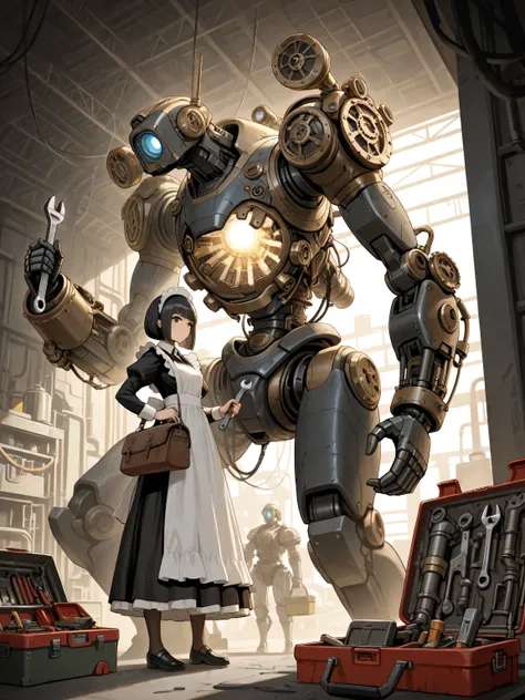 High Quality, masterpiece, ultra high res, giant robot, Under construction, maid clothes, Girl, black hair bob hair, Holding a wrench, mechanical engineering, PRECISION WORK , armor parts have been removed, internal mechanism,  bolts, Concentrated Expressi...