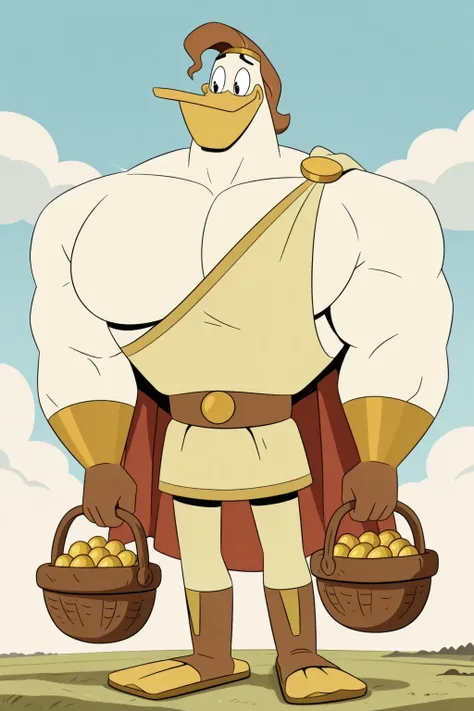 masterpiece, best quality, amazing quality, official style, giant l4unchmcqu4ck, male, furry male, anthro, solo, duck, white body, brown hair, short hair, black eyes, yellow beak, webbed feet, yellow feet, muscular body, brown hat, brown vest, green shirt ...