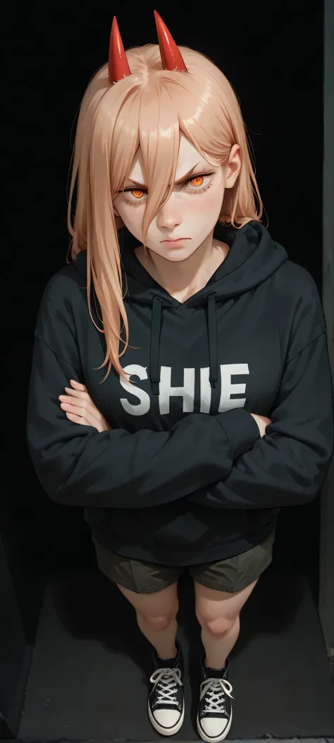 overhead shot: power (chainsaw man), focus on face, angry, she looks sexy, she was wearing a plain, oversized black hoodie with no motifs, black cargo shorts, converse shoes, and she was standing with his arms crossed, full body shot, against a black backg...