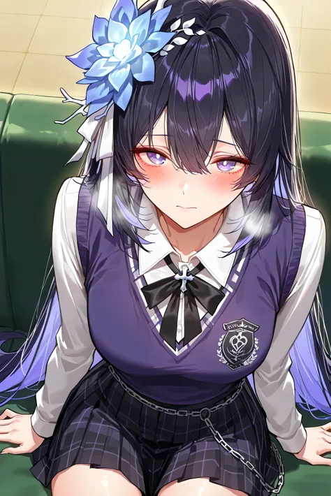 score_9, score_8_up, score_7_up, masterpiece, best quality, very aesthetic, absurdres, tunning image, attractive image, 1girl, adult grown woman, solo, seele vollerei (herrscher of rebirth), black hair, long hair, hair ornament, blue eyes, white pupils, sm...