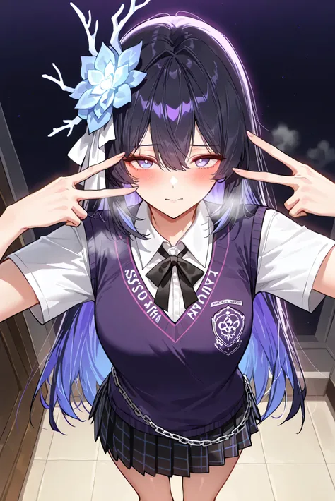 score_9, score_8_up, score_7_up, masterpiece, best quality, very aesthetic, absurdres, tunning image, attractive image, 1girl, adult grown woman, solo, seele vollerei (herrscher of rebirth), black hair, long hair, hair ornament, blue eyes, white pupils, sm...