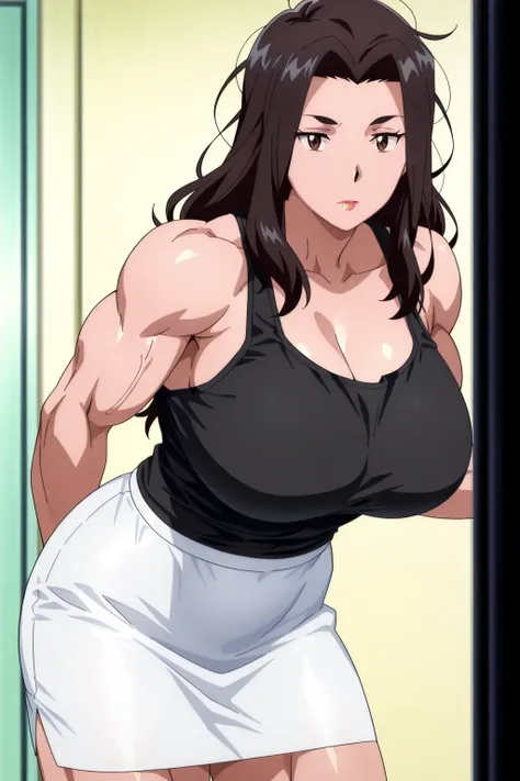 score 9 , score 8 up, score 7 up, source anime, 傑作, best quality, best image quality, best resolution, anime coloring, anime screencap, anime screenshot, 1woman, Close-up of a woman with long brown hair, muscular and strong, make up, messy hair, lipstick, ...