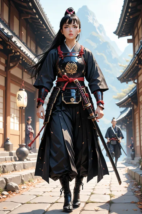 femillustration,midjourneylora,aidmaMJ6.1,a picture of Japanese female samurai, she has long black hair, wearing samurai armor, wearing high heels boots, armed with a katana, ready for battle, dynamic angle,, Japanese fantasy art, (Masterpiece: 1.5), 16k, ...