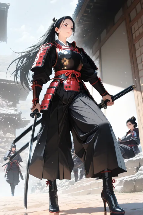 femillustration,midjourneylora,aidmaMJ6.1,a picture of Japanese female samurai, she has long black hair, wearing samurai armor, wearing high heels boots, armed with a katana, ready for battle, dynamic angle,, Japanese fantasy art, (Masterpiece: 1.5), 16k, ...