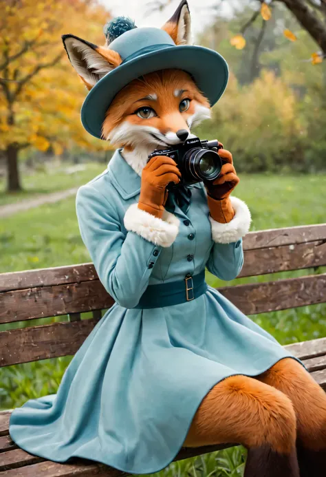 masterpiece, high quality, highres, absurdres, official art, furry \(style\), anthro, furry, fox, orange fur, fluffy fox tail, wearing old fashioned retro hat, wearing nice retro dress, vintage outfit, high quality photography, captured with a Canon EOS R5...