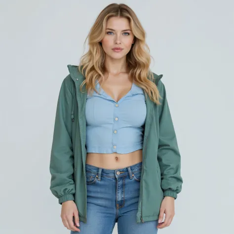 A realistic, high resolution photograph of a short, beautiful European woman in her 20's; full body frontal view facing the camera with her arms at her sides looking at the camera. There is extra space in the photo above her head. She has an athletic, hour...