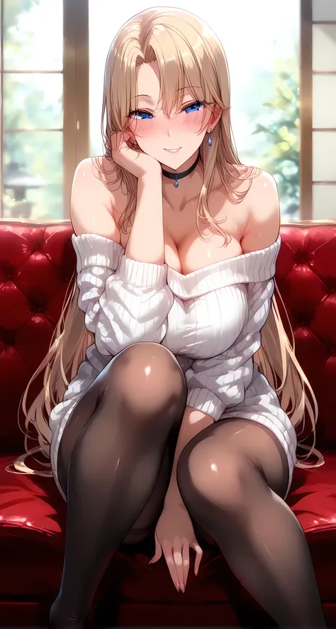 (masterpiece, best_quality:1.2), 1girl, solo, mature female, very long hair, blonde hair, blue eyes , ( white sweater, ribbed sweater, off-shoulder sweater, pantyhose, black choker), beautiful eyes, female focus, looking at viewer, smile, blush, proud, hor...