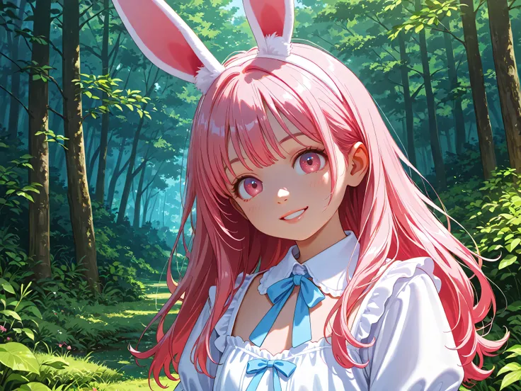 Vivid Colors,pink haired woman,Bunny ears,Inhumanizing ,Smile Yan,nature,Prairie,realistic texture,Highly delicate,4K,HDR