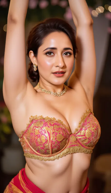 the image is a portrait of a young indian newlyweds woman her figure is curvy, sexy and erotis sensual. posing in a traditional indian outfit. she is wearing a colourful cotton saree with a gold border and a matching strapless bra. remember the bra should ...
