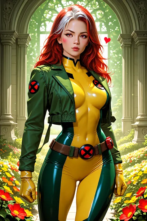 Ultra-detailed digital painting of Rogue from X-Men, standing confidently in the garden of Xavier’s School for Gifted Youngsters. She has long flowing red hair with iconic white streaks, wearing her classic tight yellow and green bodysuit with black and le...