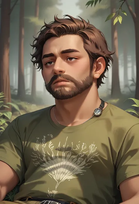 close up 1man in, resembling Vander, bearded, Solo, brown hair, messy brown hair, short hair, dark eyes, taned skin, heavy set, chubby, strong, thick body, manicured beard, grey strip in beard, detailed skin, neutral face, (wearing t-shirt, cargo pants, w...