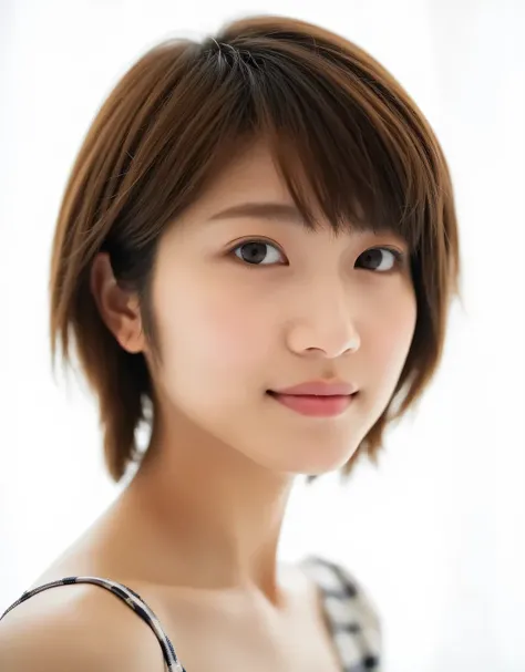 Raw photo, reality, ((staring)), ((focus on face)), ((close-up)), front view, Japanese woman, smiling in the sun, ((brown hair color, short hair, hairstyle)), off-the-shoulder, beautiful collarbone, unedited, live action, authentic, cute young girl, beauti...