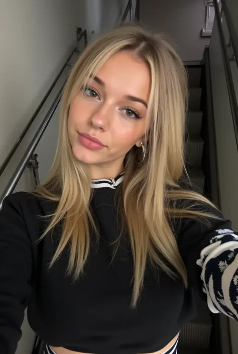 1girl, selfie dans un ascenseur, femme blonde, emo_Coiffure, lips, Gros tour de cou, eye-liner, eye shadow, mascara, smoky eyes, chambre, natural lighting, visage parfait, emo, gros seins, black with white stripes sweatshirt sombre par-dessus l'épaule