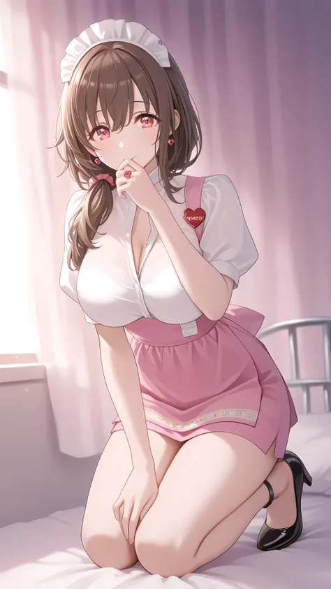 mature women女性, Housewife, she closes her mouth、smile gently,full body,kind eyes, brown hair, low long hair, pink waitress costume__ belly short skirt ,Open your thighs slightly and crouch down、kneeling,White lace panties watching,Black High Heels,anklet,I...