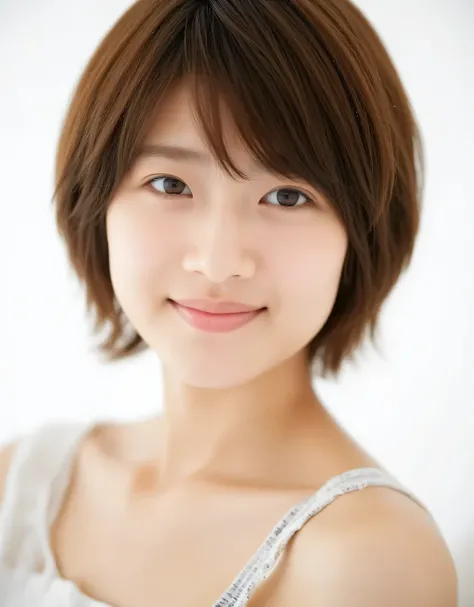 Raw photo, reality, ((staring)), ((focus on face)), ((close-up)), front view, Japanese woman, smiling in the sun, ((brown hair color, short hair, hairstyle)), tank top, beautiful collarbone, unedited, live action, authentic, cute young girl, beautifully re...
