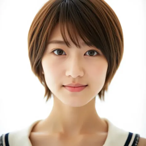 Raw photo, reality, ((staring)), ((focus on face)), ((close-up)), front view, Japanese woman, smiling in the sun, ((brown hair color, short hair, hairstyle)), tank top, beautiful collarbone, unedited, live action, authentic, cute young girl, beautifully re...