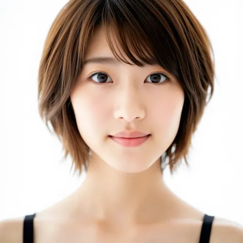 Raw photo, reality, ((staring)), ((focus on face)), ((close-up)), front view, Japanese woman, smiling in the sun, ((brown hair color, short hair, hairstyle)), tank top, beautiful collarbone, unedited, live action, authentic, cute young girl, beautifully re...