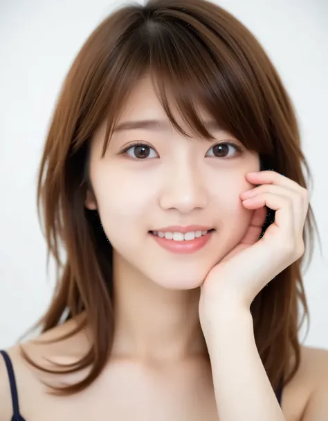 Raw photo, reality, ((staring)), ((focus on face)), ((close-up)), front view, Japanese woman, smiling in the sun, ((brown hair color, medium-long hair, hairstyle)), off-the-shoulder, beautiful collarbone, unedited, live action, authentic, cute young girl, ...