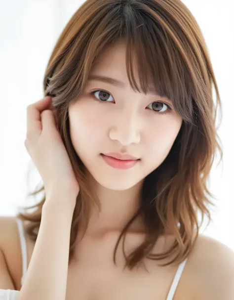 Raw photo, reality, ((staring)), ((focus on face)), ((close-up)), front view, Japanese woman, smiling in the sun, ((brown hair color, medium-long hair, hairstyle)), off-the-shoulder, beautiful collarbone, unedited, live action, authentic, cute young girl, ...