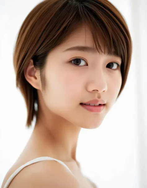 Raw photo, reality, ((staring)), ((focus on face)), ((close-up)), front view, Japanese woman, smiling in the sun, ((brown hair color, short hair, hairstyle)), off-the-shoulder, beautiful collarbone, unedited, live action, authentic, cute young girl, beauti...