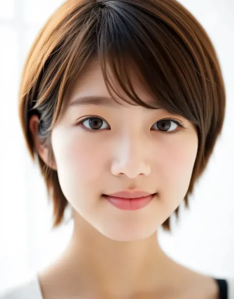 Raw photo, reality, ((staring)), ((focus on face)), ((close-up)), front view, Japanese woman, smiling in the sun, ((brown hair color, short hair, hairstyle)), off-the-shoulder, beautiful collarbone, unedited, live action, authentic, cute young girl, beauti...