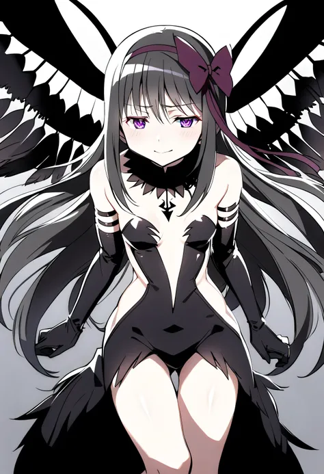 1girl, akuma homura, pov, bare shoulders, black gloves, (shiny skin:1.5),black hair, black wings, small breasts, , bow, dress, elbow gloves, feathered wings, hair bow, hair ribbon, long hair, purple eyes, glowing eyes, evil smile:1.5, ribbon, wings, , mas...