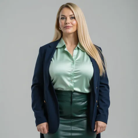 A realistic, high resolution photograph of a beautiful European woman in her 50's; full body frontal view facing the camera with her arms at her sides looking at the camera. There is extra space in the photo above her head. She has an curvy, hourglass fash...