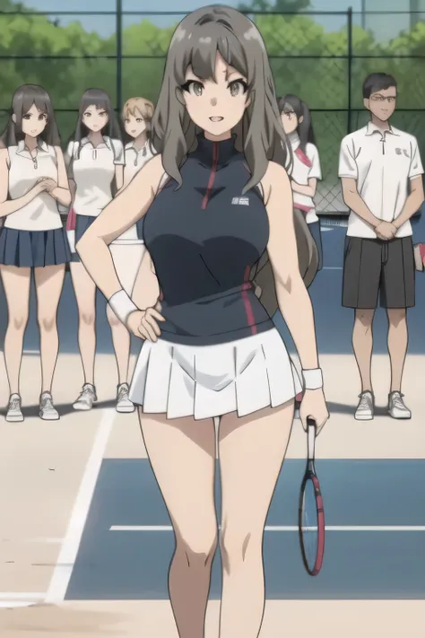 Standing on a tennis court in fine weather，Smiling Yang，Big breasted college student，can you draw women in light blue sleeveless huge breasts tennis wear，light blue pleated miniskirt，white panties，Sneakers，racket，tennis ball，，face trimming teeth prohibited...