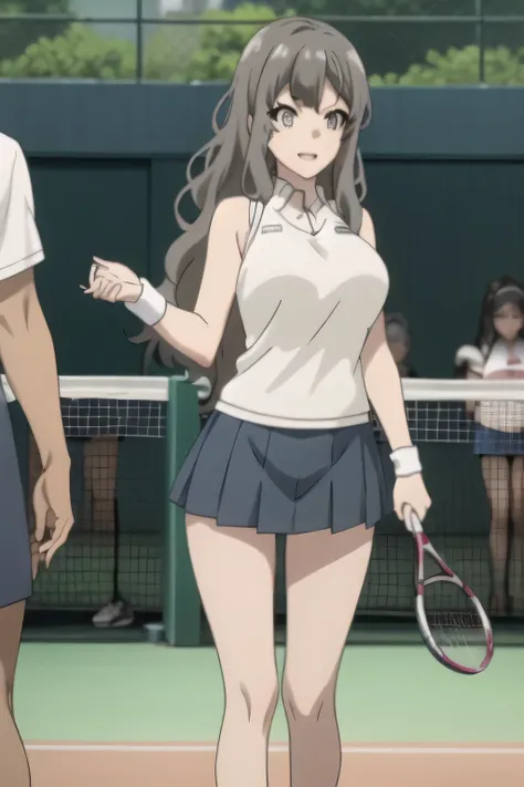 standing on a tennis court on a sunny day，smiling Yang，Big breasted college student，can you draw women in light blue sleeveless huge breasts tennis wear，light blue pleated miniskirt，white panties，Sneakers，racket，tennis ball，，face trimming teeth prohibited，...