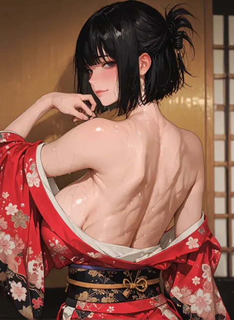 (((Japanese clothing)))、big boobs、Black Haired Bob、amazing image quality、I'm pulling my hair up with one hand、cheerful expression after pool、back、Looking Back