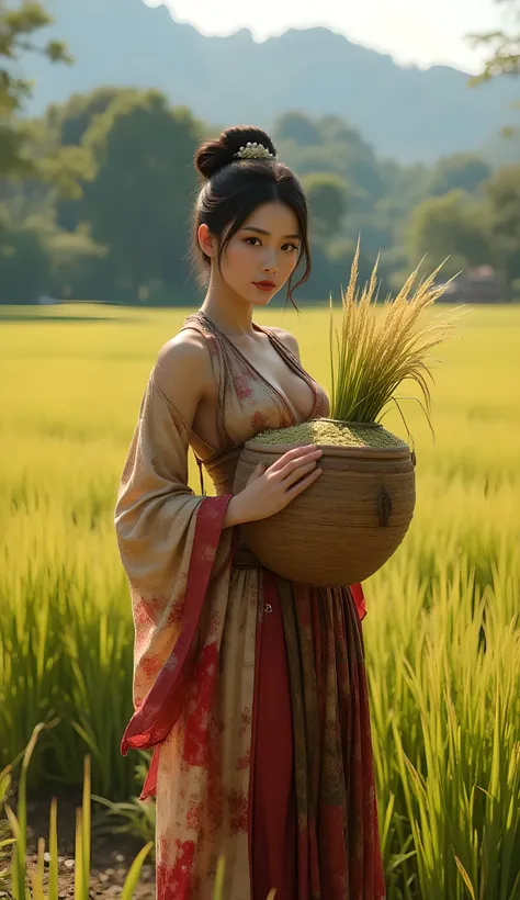 Primitive age era, (Stone primitive age era:1.6), ((Realistic cinematography ultra-wide depth intense details of realistically precise scenery of fertile and rich of Paddy Rice field)),orderly Paddy Rice field on the background,a detailed of Japanese femal...