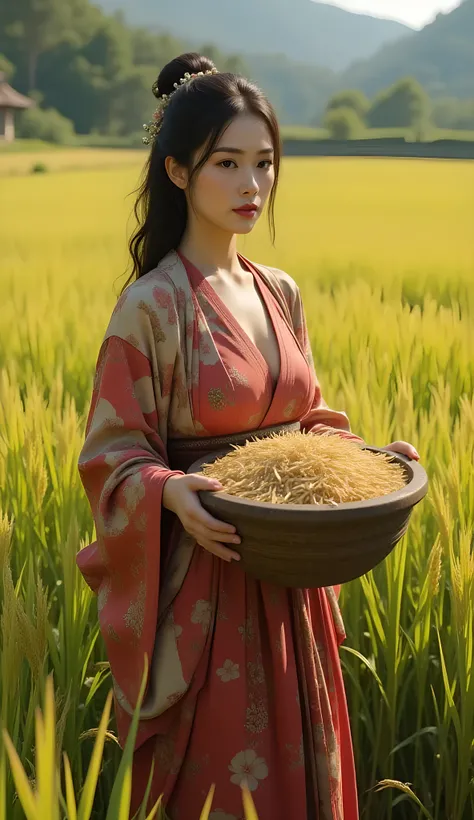 Primitive age era, (Stone primitive age era:1.6), ((Realistic cinematography ultra-wide depth intense details of realistically precise scenery of fertile and rich of Paddy Rice field)),orderly Paddy Rice field on the background,a detailed of Japanese femal...