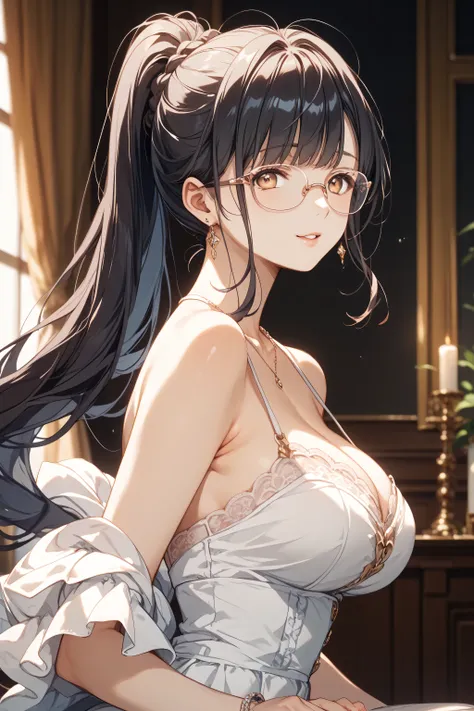 married woman、mature、glasses、dark haired、ponytail from the front、prom dress、garter、Disheveled、ejection、boobs、Ride Position、masterpiece, Highest Quality, amazing quality,