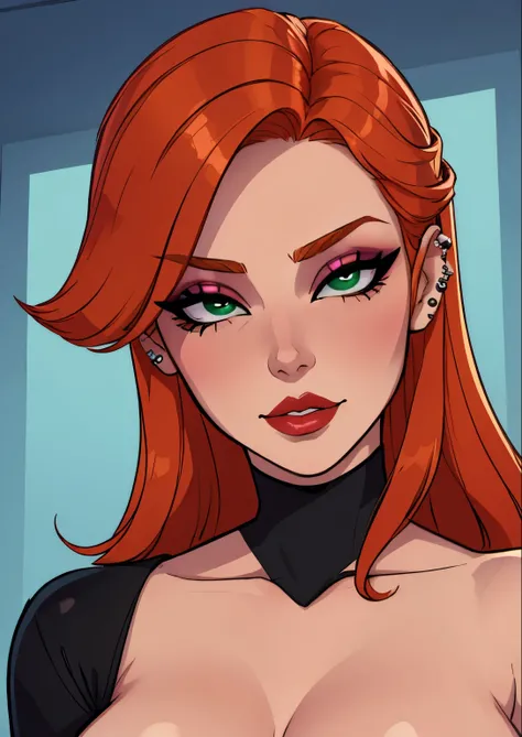 masterpiece, best quality, 1female, face portrait, beautiful, portrait, deep makeup, lipstick, 1girl, face focus, cell shading, eyeliner, deep makeup, light ginger, piercing, straight hair, whore, green eyes